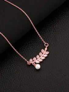 GIVA Rose Gold-Plated 925 Sterling Silver Stone Studded Pearl Beaded Pendant With Chain