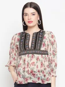 Amagyaa Cream-Coloured & Red Floral Printed Bohemian Georgette Top