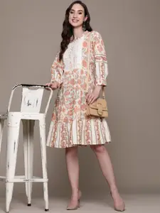 Ishin White & Peach-Coloured Floral Cotton A-Line Dress