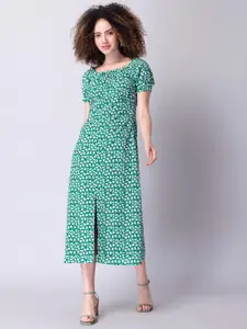 FabAlley Green & White Floral Georgette A-Line Midi Dress