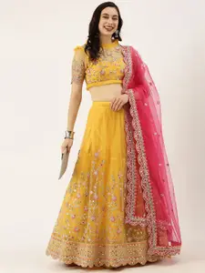 panchhi Yellow & Pink Embellished Sequinned Semi-Stitched Lehenga & Unstitched Blouse With Dupatta