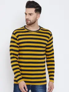 Hypernation Men Yellow & Black Striped Pure Cotton T-shirt