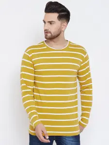 Hypernation Men Mustard Yellow & White Striped Cotton T-shirt