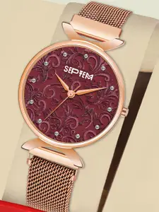 Septem Women Maroon Embellished Dial & Rose Gold Toned Stainless Steel Bracelet Style Straps Analogue Watch