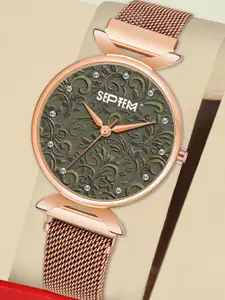 Septem Women Green Printed Dial & Rose Gold Toned Stainless Steel Straps Analogue Watch