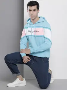 The Indian Garage Co Men Blue & Pink Embroidered Hooded Sweatshirt