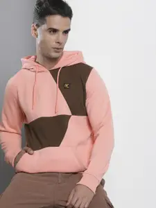 The Indian Garage Co Men Peach-Coloured Colourblocked Hooded Sweatshirt