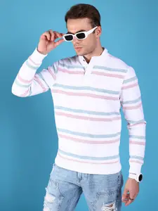 The Indian Garage Co Men White & Blue Striped Sweatshirt