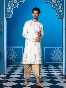 SHRESTHA BY VASTRAMAY Men White & Golden Paisley Design Kurta with Dhoti Pants