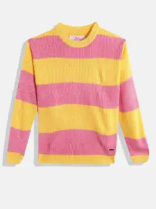 JUSTICE Girls Yellow & Pink Striped Acrylic Round Neck Pullover