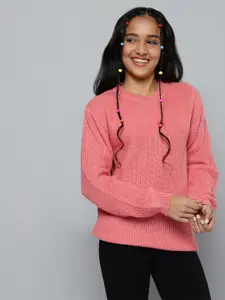 JUSTICE Girls Peach-Coloured Solid Knitted Pullover