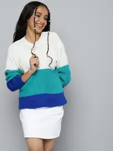 JUSTICE Girls White & Green Colourblocked Ribbed Pullover