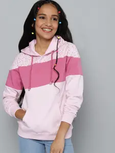 JUSTICE Girls Pink Colourblocked & Printed Hooded Sweatshirt