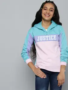 JUSTICE Girls Blue & Pink Colourblocked Hooded Sweatshirt