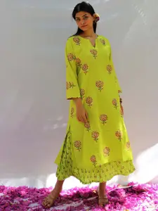 Chidiyaa Women Green Ethnic Motifs Block Printed Pure Cotton Kurta with Skirt