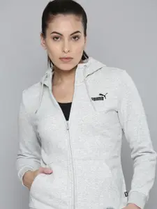Puma Women Grey Solid Essential Full-Zip Hoodie Sweatshirt