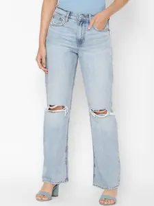 AMERICAN EAGLE OUTFITTERS Women Blue Regular Fit High-Rise Slash Knee Heavy Fade Jeans
