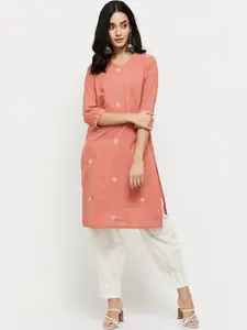 max Women Peach-Coloured Solid Cotton Embroidered Kurta