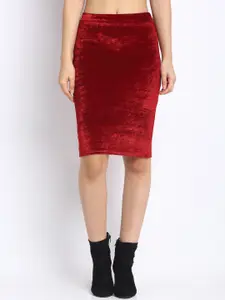 NEUDIS Women Maroon Solid Velvet Pencil Skirt
