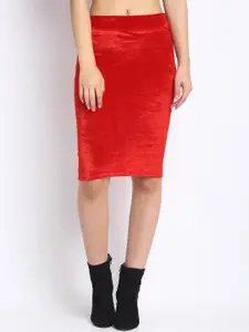 NEUDIS Women Red Solid Midi Pencil Skirts