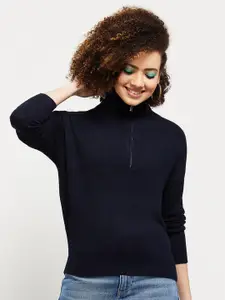 max Women Navy Blue Solid Nylon Turtle Neck Pullover