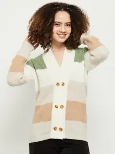 max Women Off White & Green Striped Cardigan Sweater