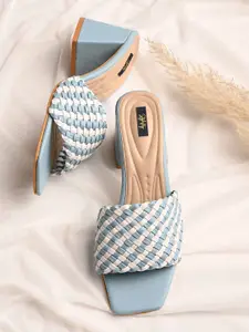 Stylestry Blue & White Woven Design Block Heels