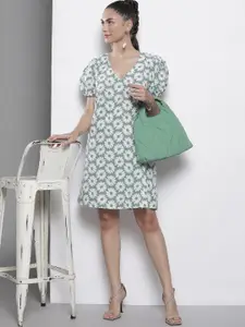 Trendyol Green & White Floral Print Shift Dress