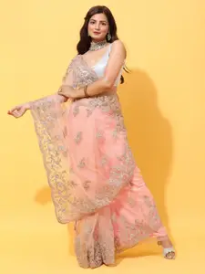 kasee Peach & Silver Floral Embroidered Net Heavy Work Saree