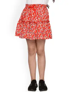 SPUNKIES Girls Red & Off-White Floral Printed Cotton Flared Skirt