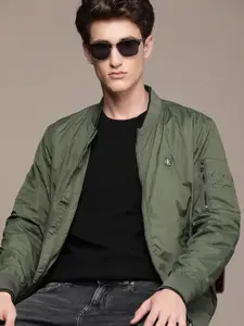 Calvin Klein Jeans Men Green Solid Bomber Jacket with Brand Logo Applique Detail