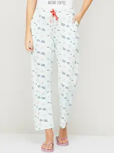 Ginger by Lifestyle Women White & Blue Printed Pure Cotton Lounge Pants