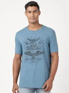 Jockey Men Blue Typography Printed Raw Edge T-shirt
