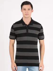 Jockey Men Black Striped Polo Collar T-shirt