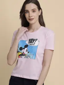 Free Authority Women Pink Mickey Mouse Printed Cotton T-shirt