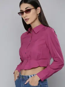 Flying Machine Women Fuchsia Pink Solid Pleated Cropped Casual Shirt