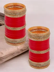 LUCKY JEWELLERY Set Of Red & White Stone-Studded Chuda Bangle