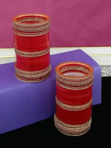 LUCKY JEWELLERY Red Stone-Studded 2 Punjabi Chura Bridal Wedding Bangle Set