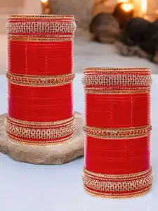 LUCKY JEWELLERY Red Stone-Studded 2 Punjabi Chura Bridal Wedding Bangle Set