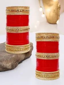 LUCKY JEWELLERY Women Gold-Toned & Red Stone Studded Chura Set