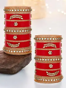 LUCKY JEWELLERY Red Kundan Studded Punjabi Chura Bridal Wedding Bangle Set