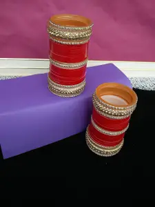 LUCKY JEWELLERY Red Stone Studded  Punjabi Bridal Bangle Set