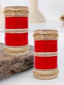 LUCKY JEWELLERY Red Stone Studded  Punjabi Bridal Bangle Set