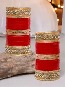 LUCKY JEWELLERY Red & White Stone Studded Bangles Set