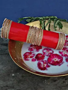 LUCKY JEWELLERY Red Kundan Stone-Studded Punjabi Chura Bridal Wedding Bangle Set