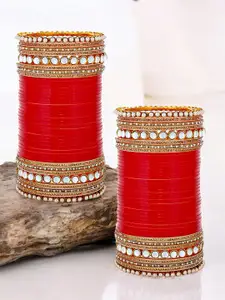 LUCKY JEWELLERY Red Kundan Stone-Studded Punjabi Chura Bridal Wedding Bangle Set