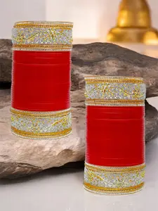 LUCKY JEWELLERY Red Stone Studded  Pujabi Bridal Bangle Set