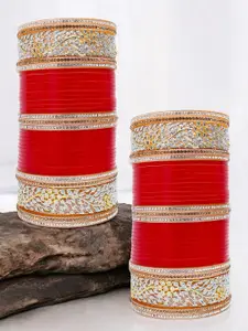 LUCKY JEWELLERY Red AD Stone-Studded Punjabi Chura Bridal Wedding Bangle Set