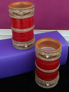 LUCKY JEWELLERY Red Stone-Studded Punjabi Chura Bridal Wedding Bangle Set