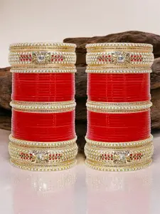 LUCKY JEWELLERY Red Stone-Studded Punjabi Chura Bridal Wedding Bangle Set
